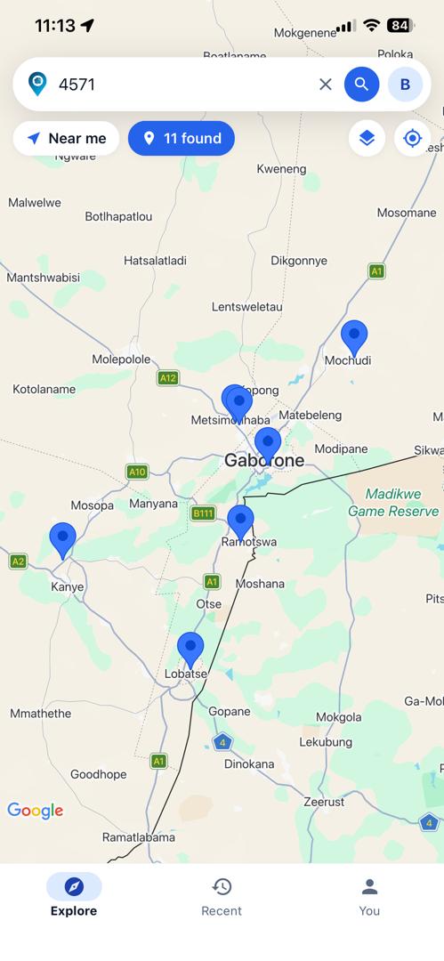 A search for plot 4571 drawn as pins on the map around Mochudi, Gaborone, Metsimotlhaba, Ramotswa, Kanye and Lobatse.